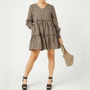 NWT  black and tan plaid tiered ruffle dress size L cotton